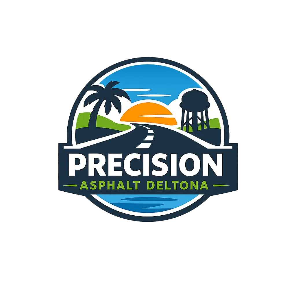 Precision Asphalt Deltona company logo featuring roadway, sunset, palm tree, and Deltona, FL water tower
